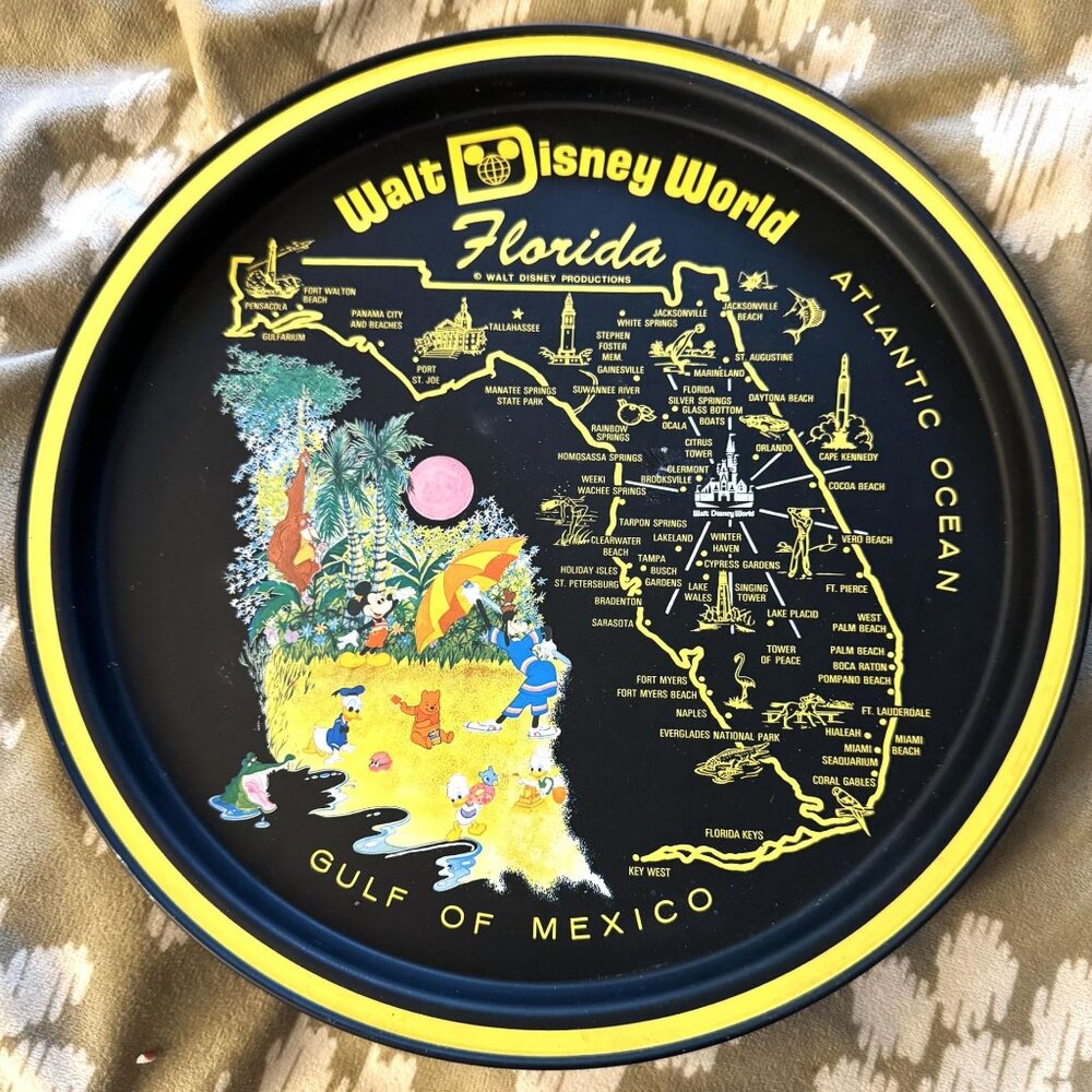 Vintage Walt Disney World Florida Map Round Tin Tray